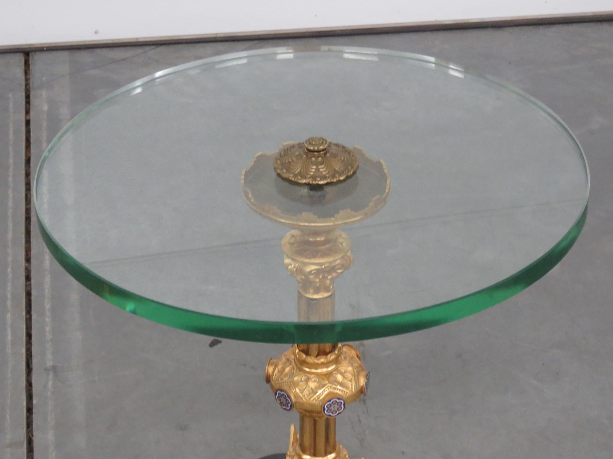 Brass Bronze Dore' Dragons French Regency Glass Top End Occassional Tables C1940s