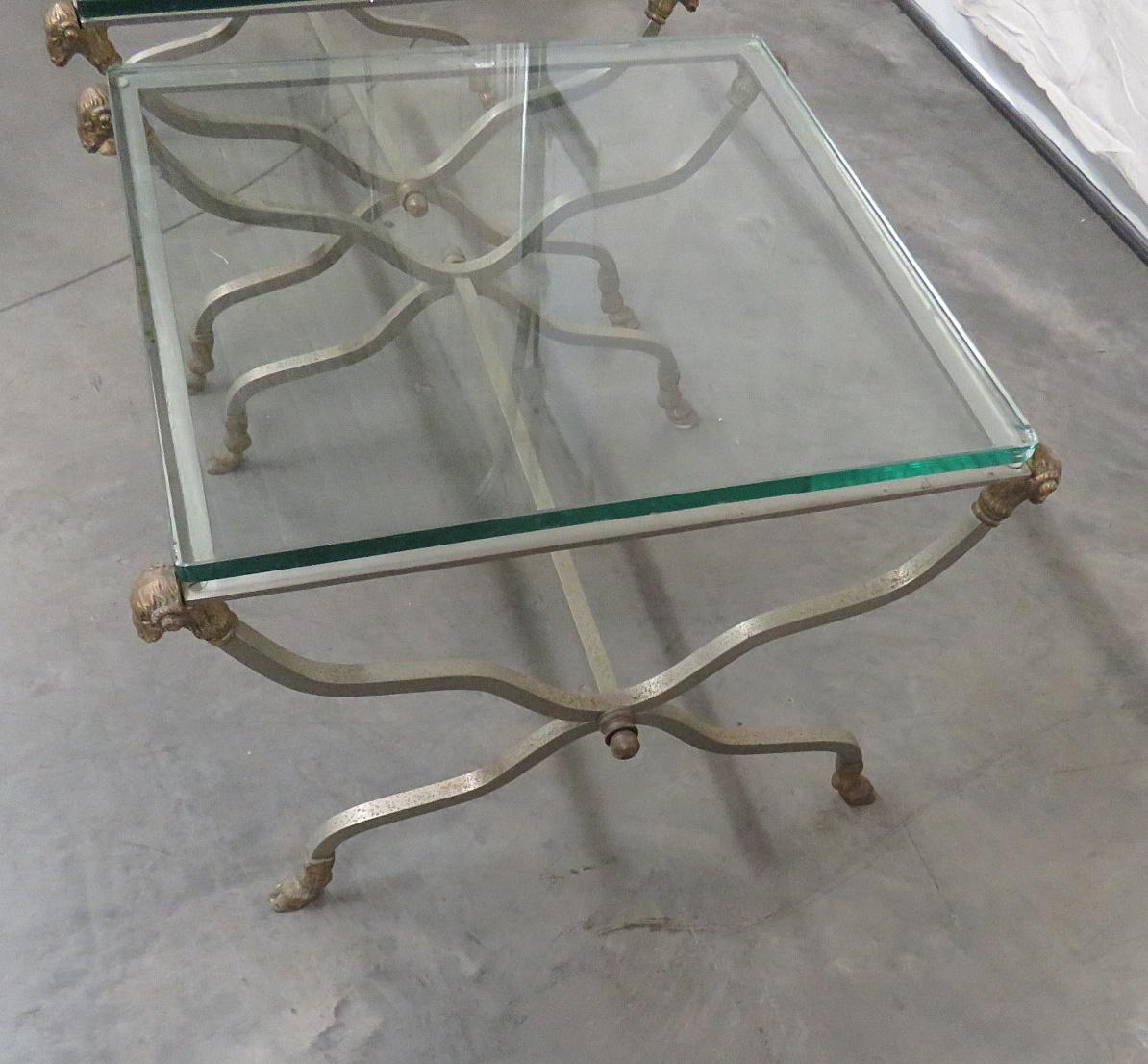 20th Century Pair of Maison Jansen Style Rams Head Brass and Steel Glass Top End Tables