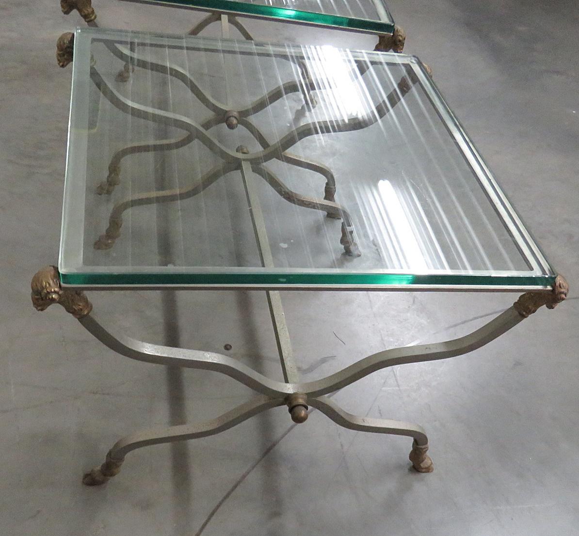 Metal Pair of Maison Jansen Style Rams Head Brass and Steel Glass Top End Tables