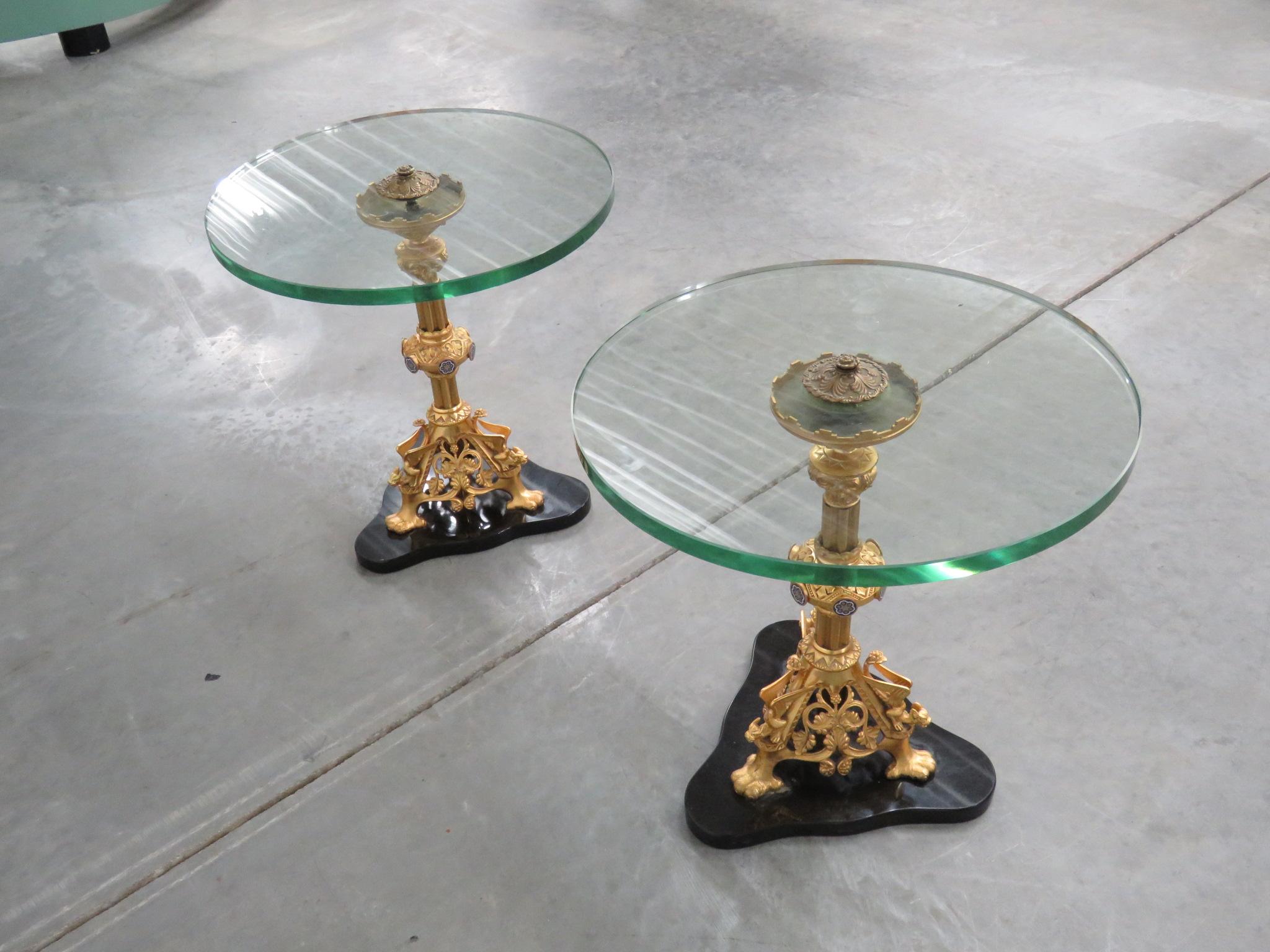 Bronze Dore' Dragons French Regency Glass Top End Occassional Tables C1940s 2