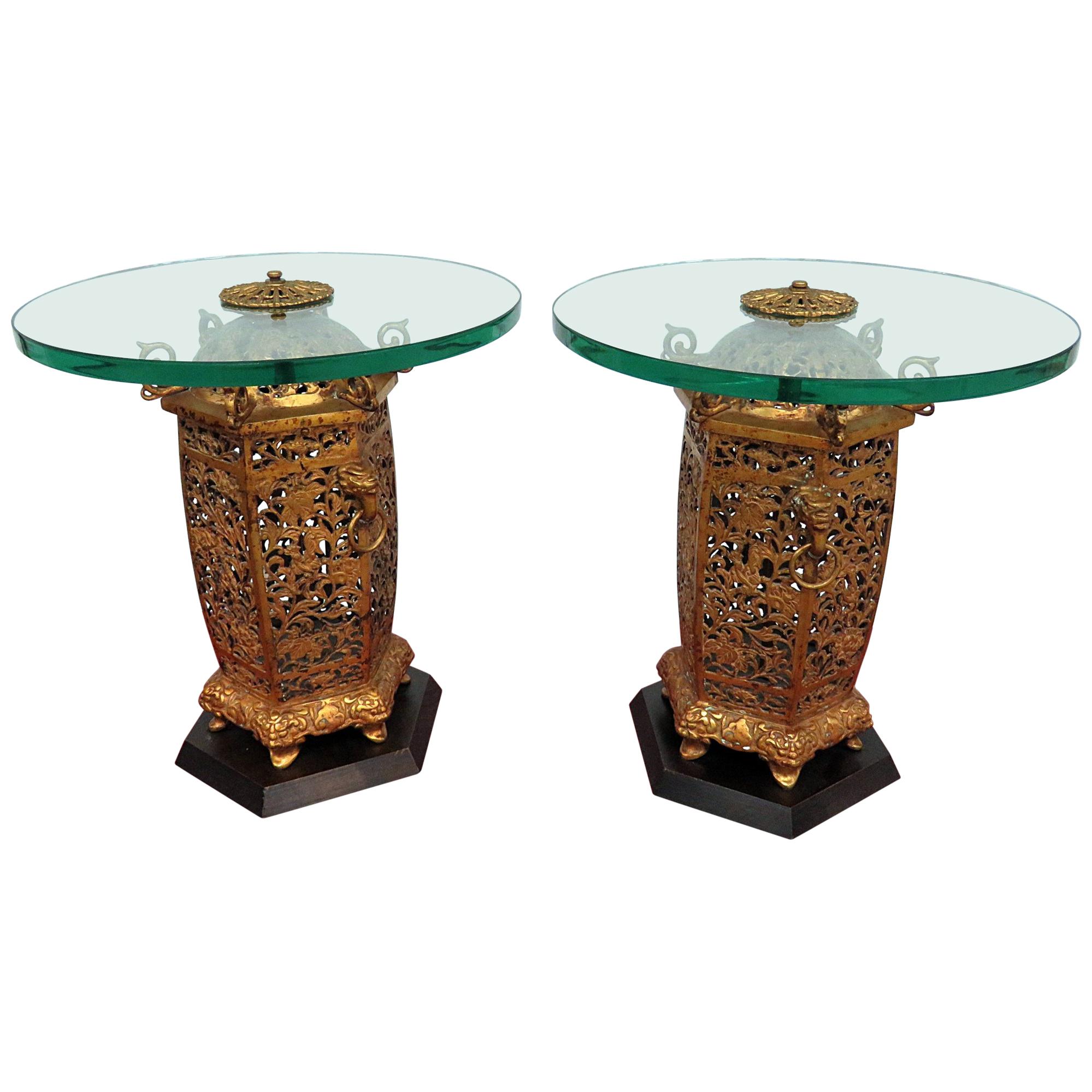 Pair French Dore' Bronze Oriental Style Ginger Jar Form Glass Top End Tables