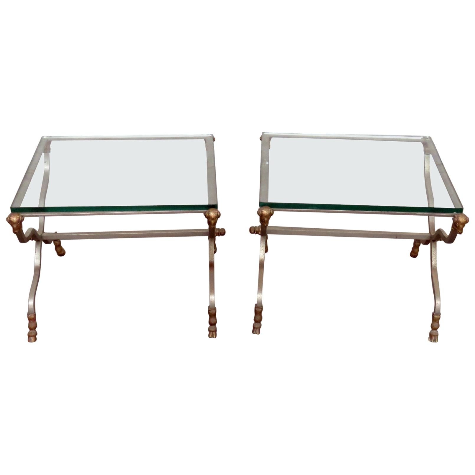 Pair of Maison Jansen Style Rams Head Brass and Steel Glass Top End Tables