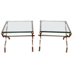 Pair of Maison Jansen Style Rams Head Brass and Steel Glass Top End Tables