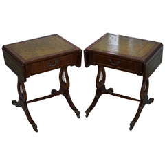 Pair of Regency Style Green Leather, Mahogany Extending Lamp Wine Side End Table