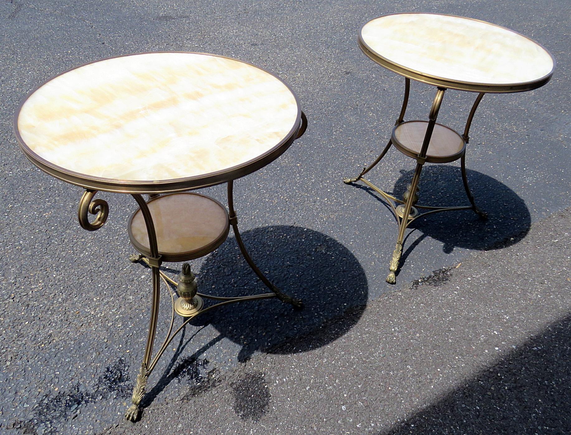 Pair of Alabaster Marble Top French Bronze Regency Style Gueridons Side Tables 1