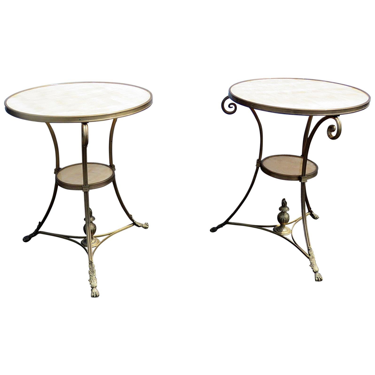 Pair of Alabaster Marble Top French Bronze Regency Style Gueridons Side Tables