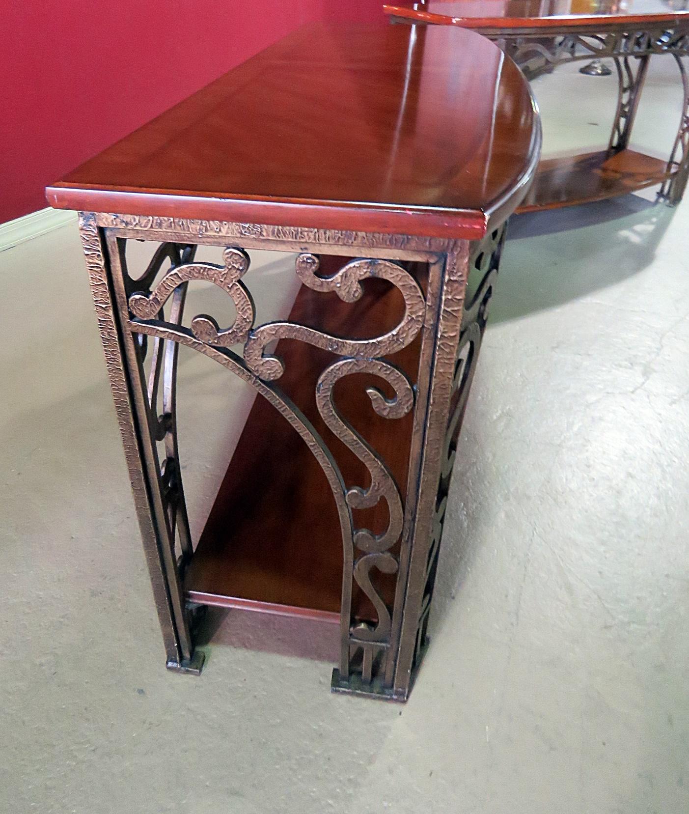 Pair Wrought Iron and Walnut French Art Nouveau Style Console Sofa Tables  5