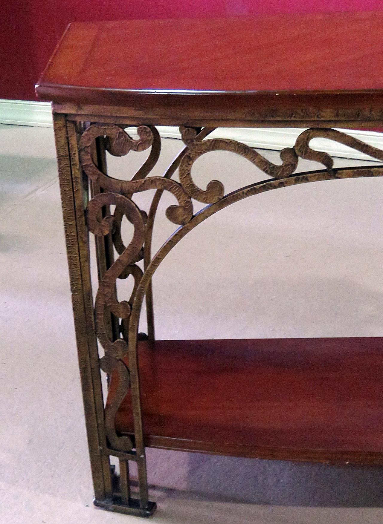 Regency Pair Wrought Iron and Walnut French Art Nouveau Style Console Sofa Tables 
