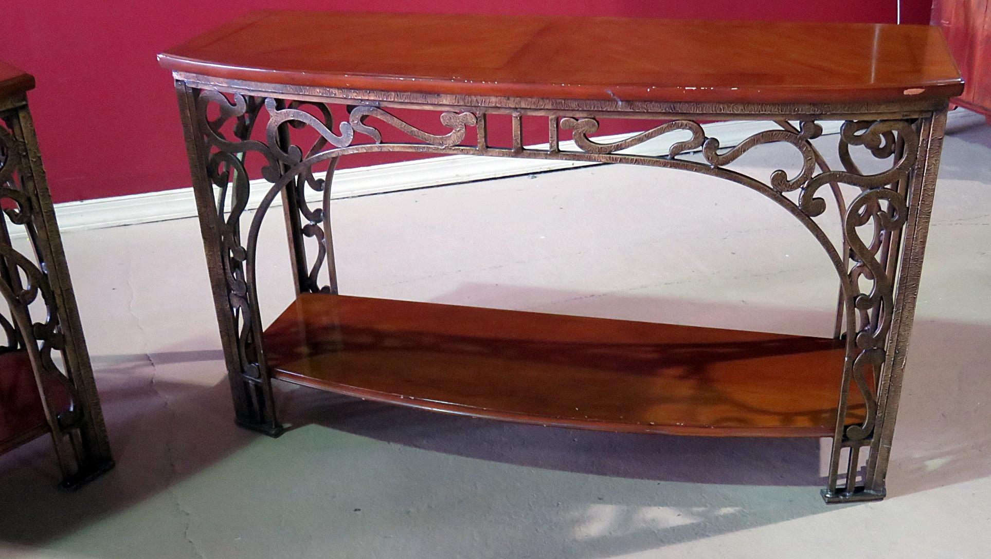 Pair Wrought Iron and Walnut French Art Nouveau Style Console Sofa Tables  In Good Condition In Swedesboro, NJ