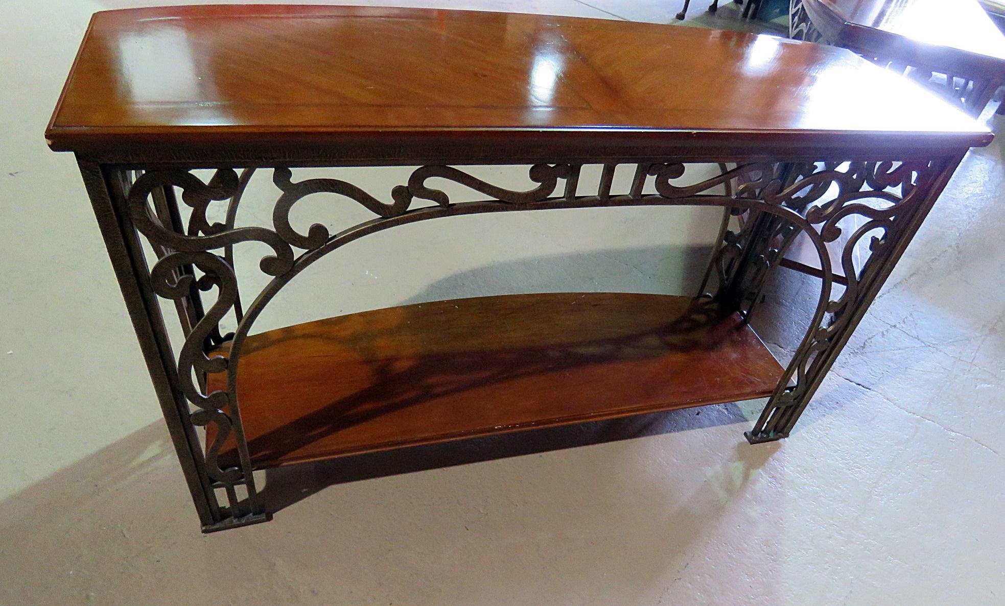 Pair Wrought Iron and Walnut French Art Nouveau Style Console Sofa Tables  2
