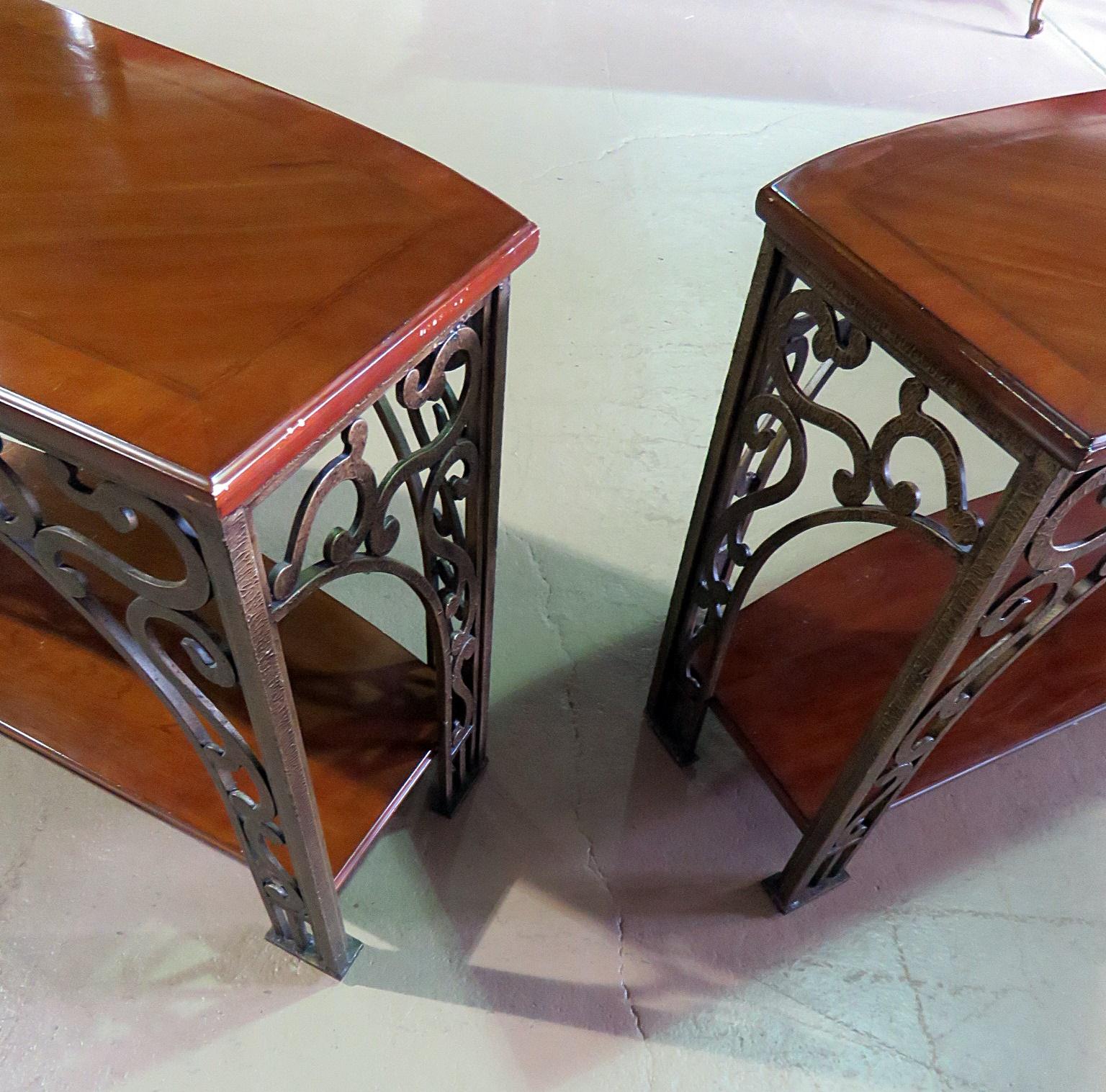 Pair Wrought Iron and Walnut French Art Nouveau Style Console Sofa Tables  3