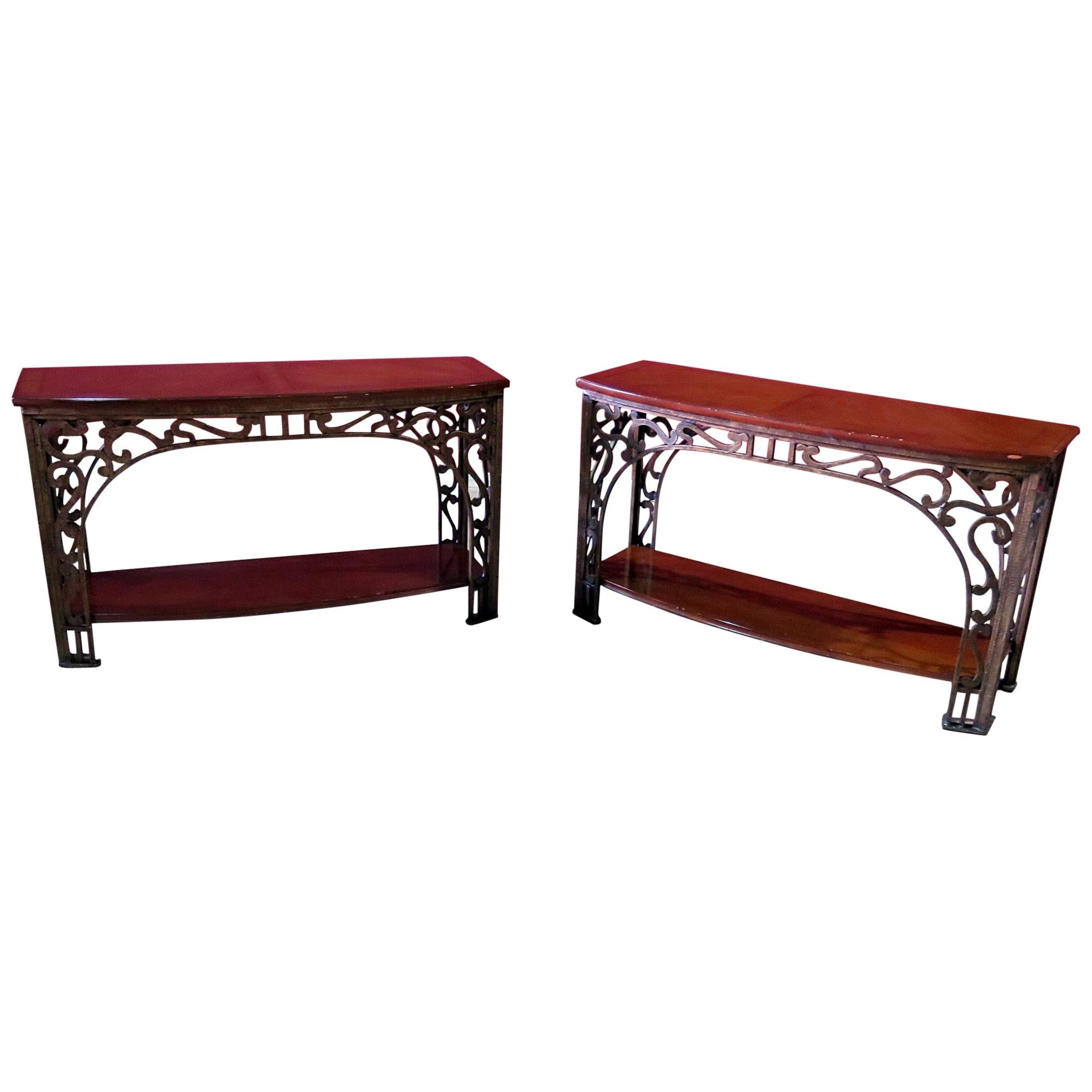Pair Wrought Iron and Walnut French Art Nouveau Style Console Sofa Tables 