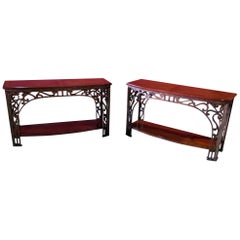 Pair Wrought Iron and Walnut French Art Nouveau Style Console Sofa Tables