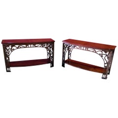 Pair Wrought Iron and Walnut French Art Nouveau Style Console Sofa Tables 