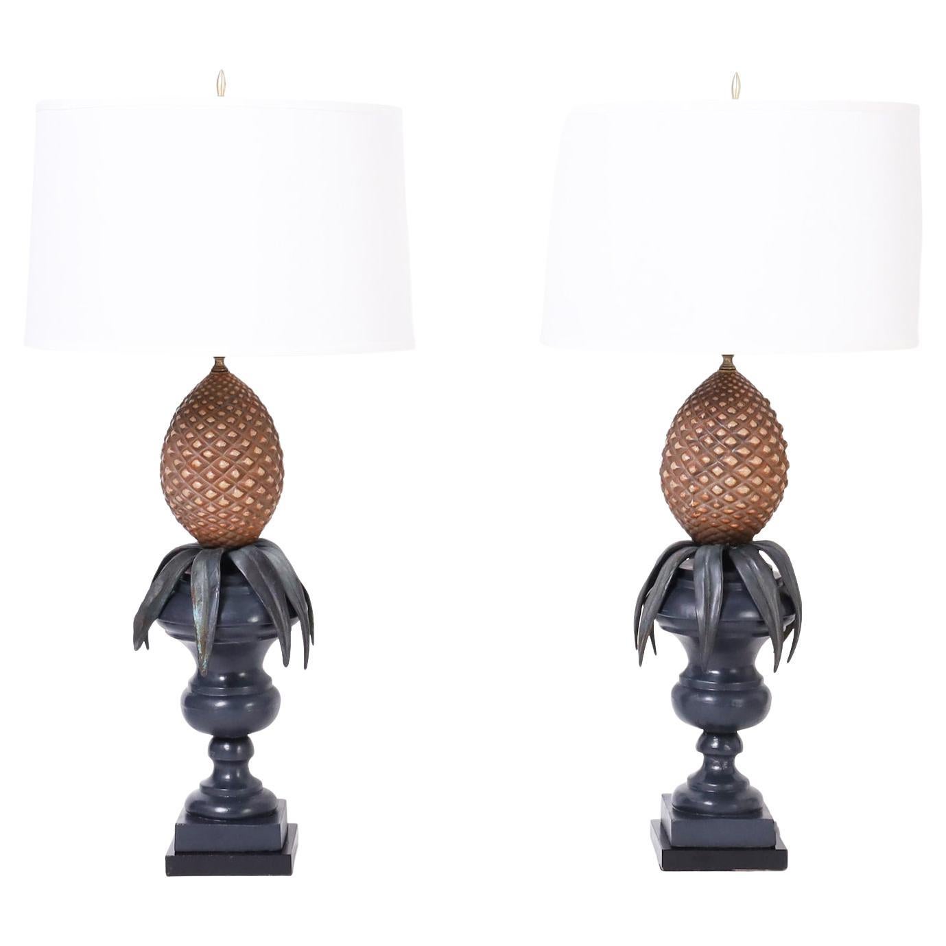 Pair of Regency Style Italian Tole Pineapple Table Lamps For Sale