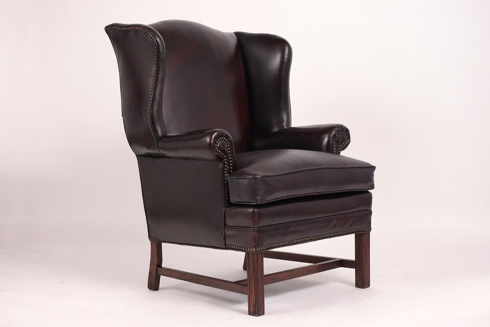 Wood Pair of Leather Wingback Chairs