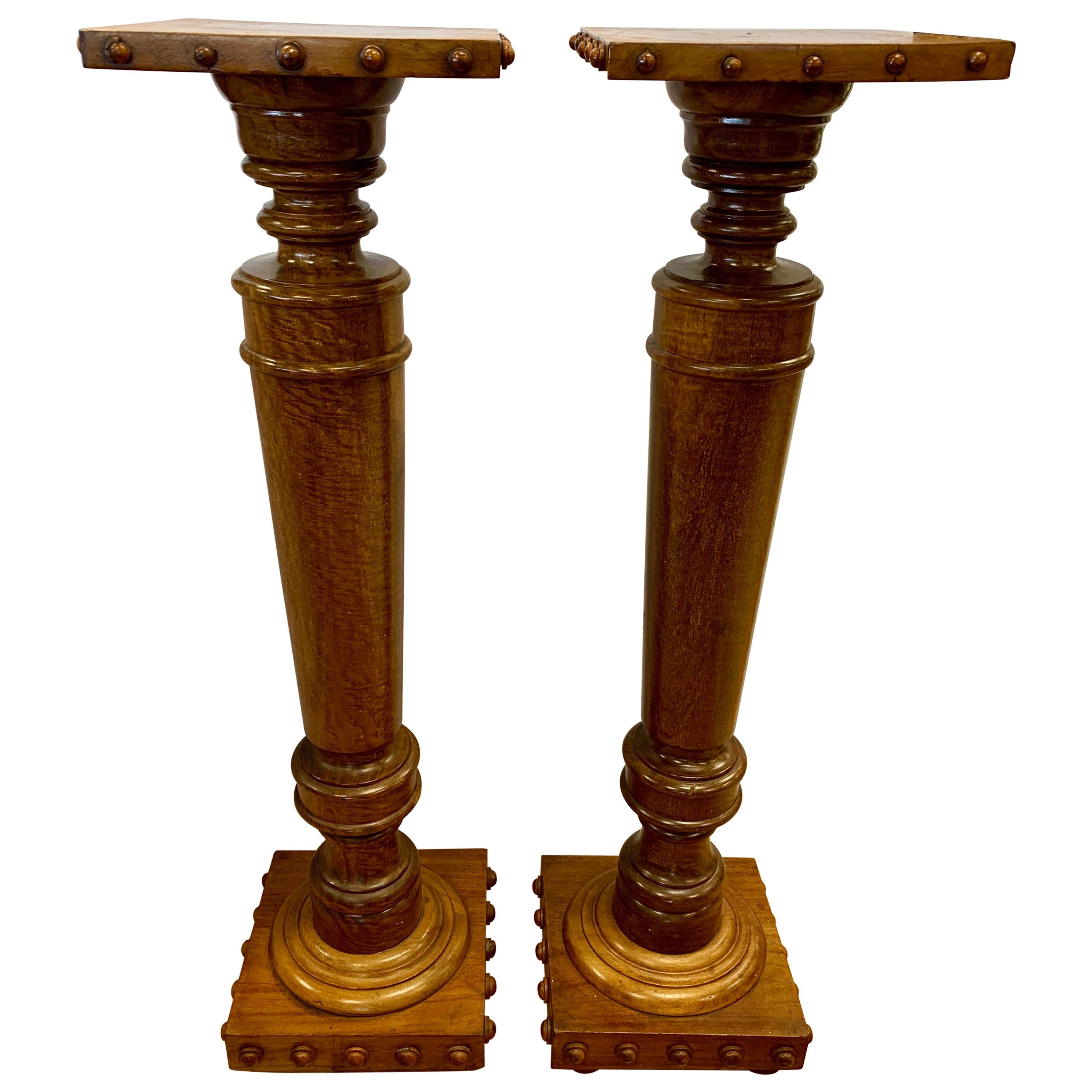 Pair of Regency Style Mahogany Column Pedestals Square Top Carved Accents