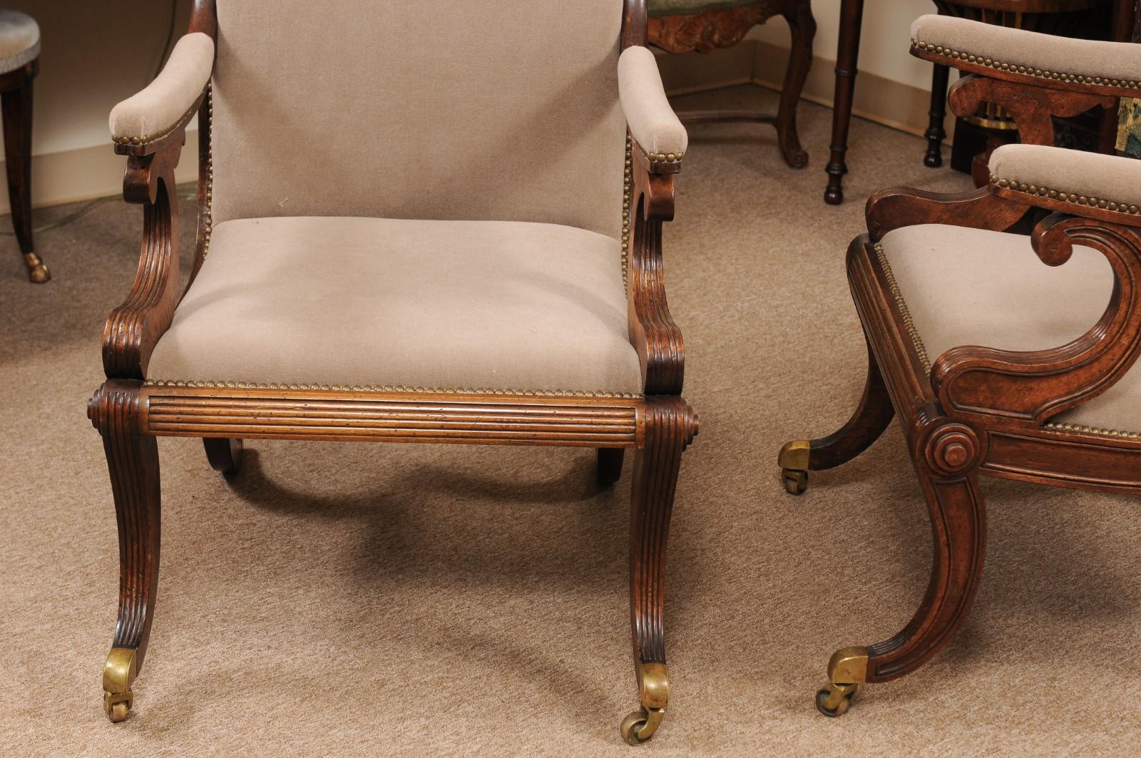 Pair of Regency Style Mahogany Scroll Back Upholstered Armchairs 4