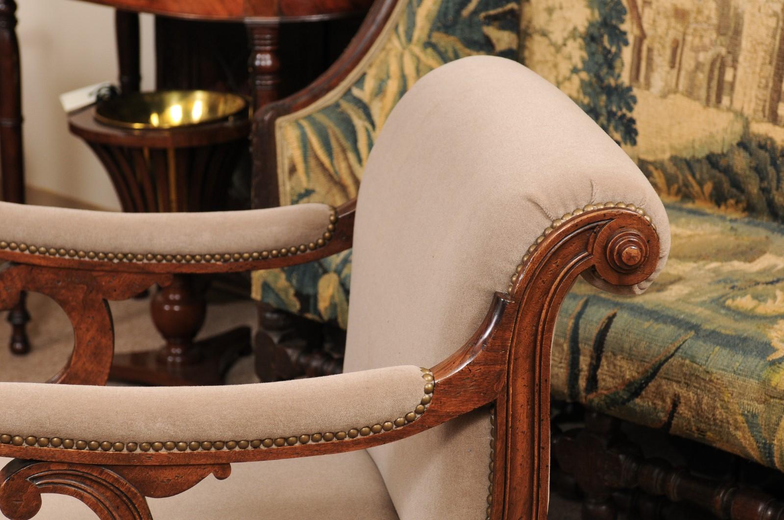Pair of Regency Style Mahogany Scroll Back Upholstered Armchairs 5