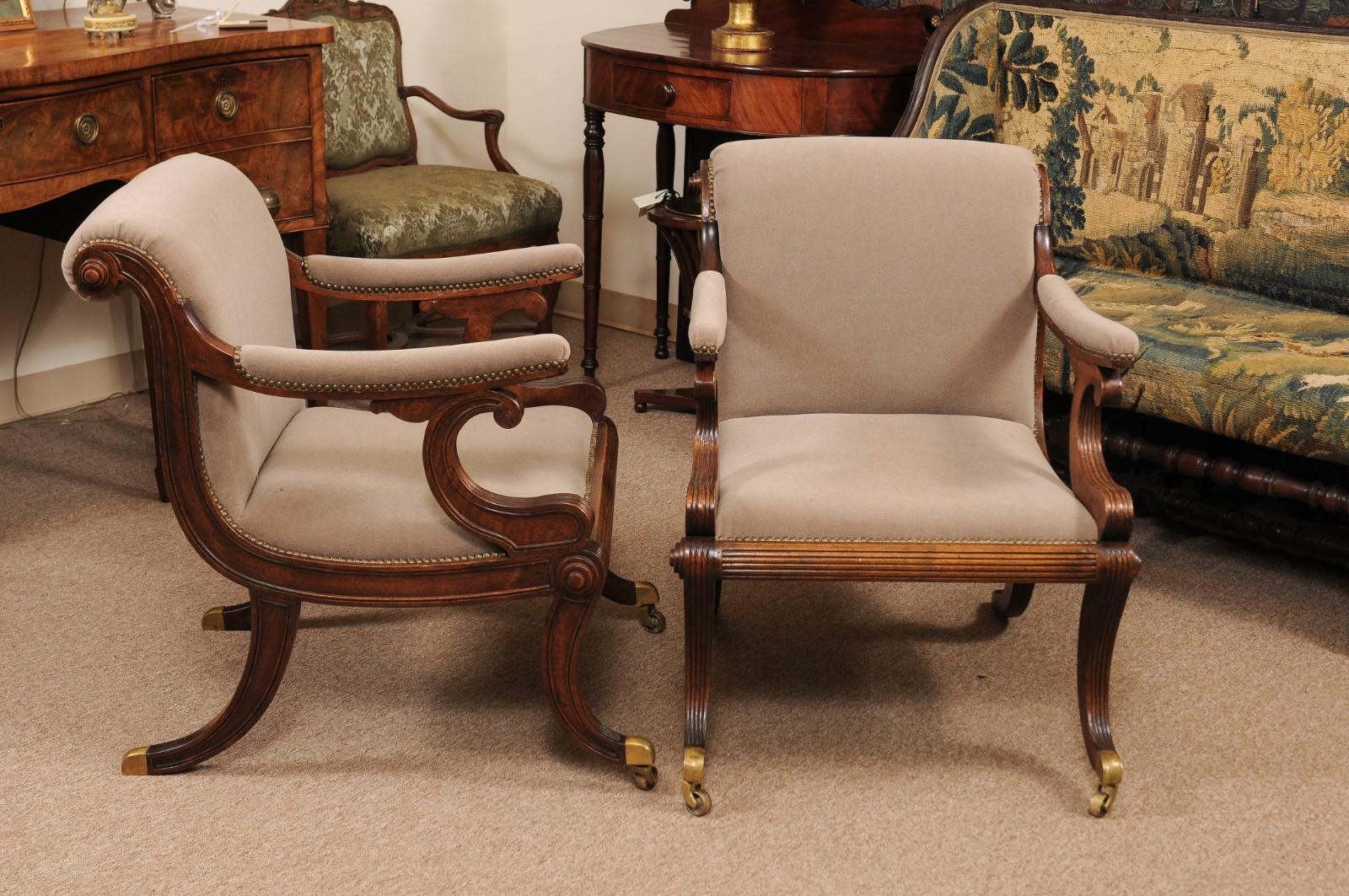 English Pair of Regency Style Mahogany Scroll Back Upholstered Armchairs