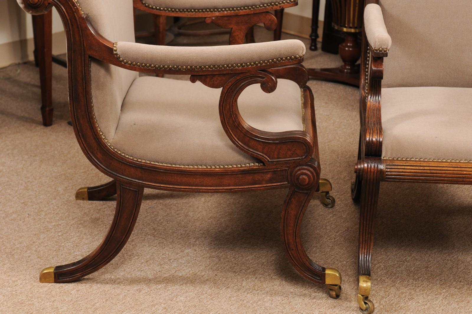 Pair of Regency Style Mahogany Scroll Back Upholstered Armchairs In Good Condition In Atlanta, GA