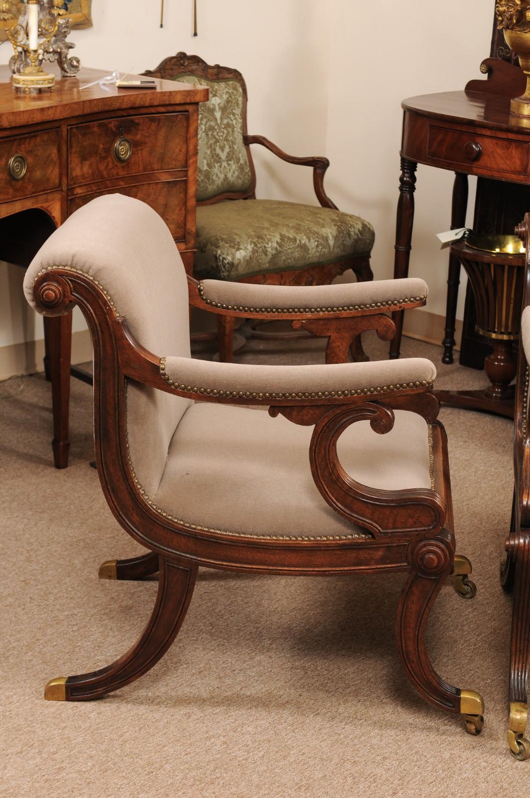 20th Century Pair of Regency Style Mahogany Scroll Back Upholstered Armchairs