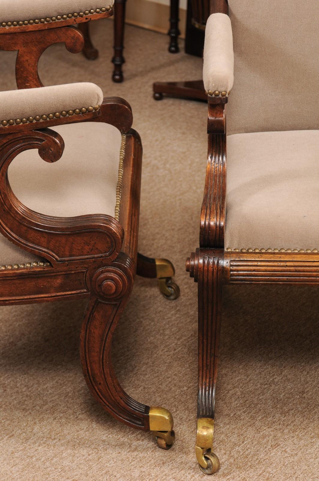 Brass Pair of Regency Style Mahogany Scroll Back Upholstered Armchairs