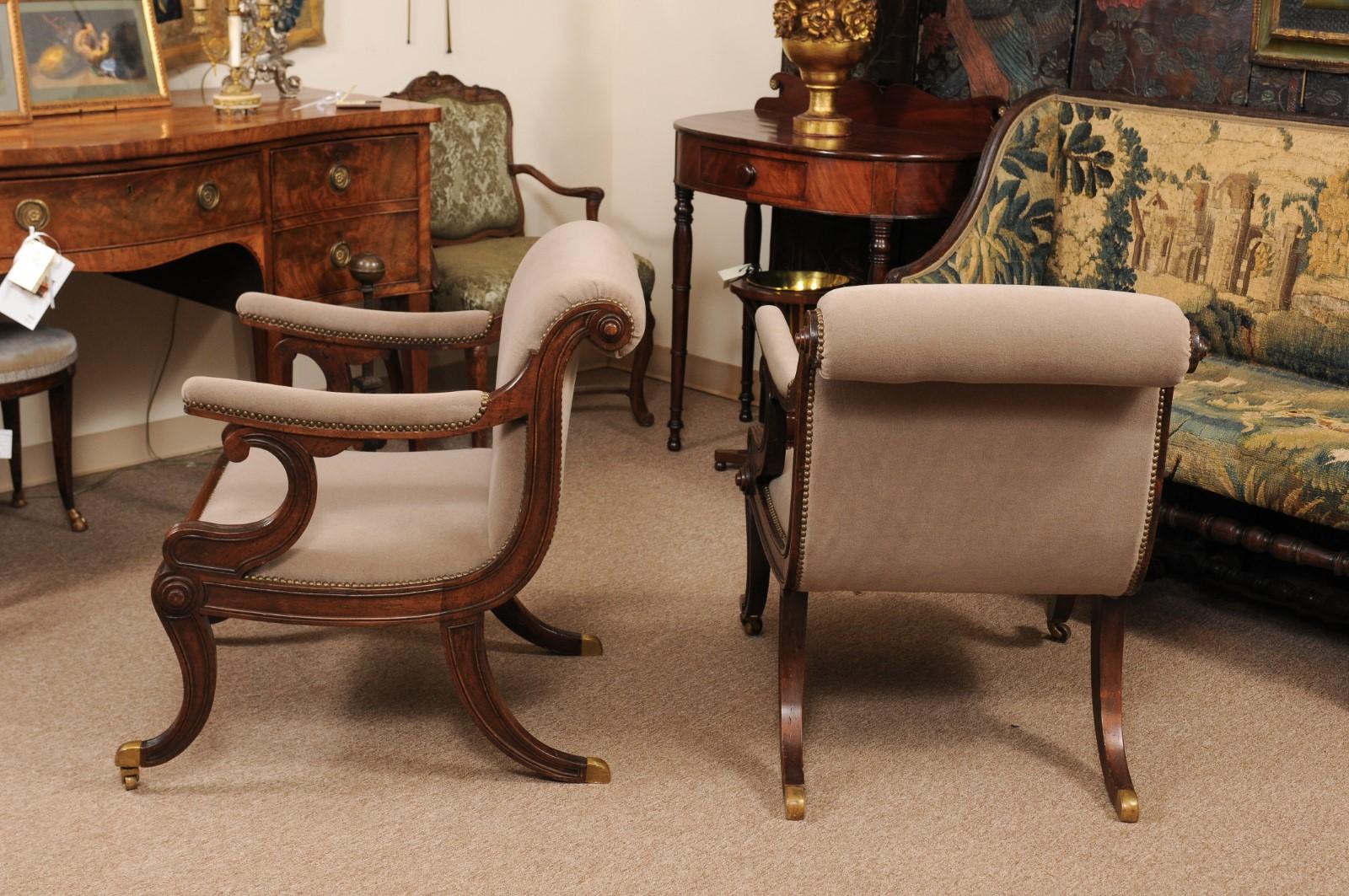 Pair of Regency Style Mahogany Scroll Back Upholstered Armchairs 2
