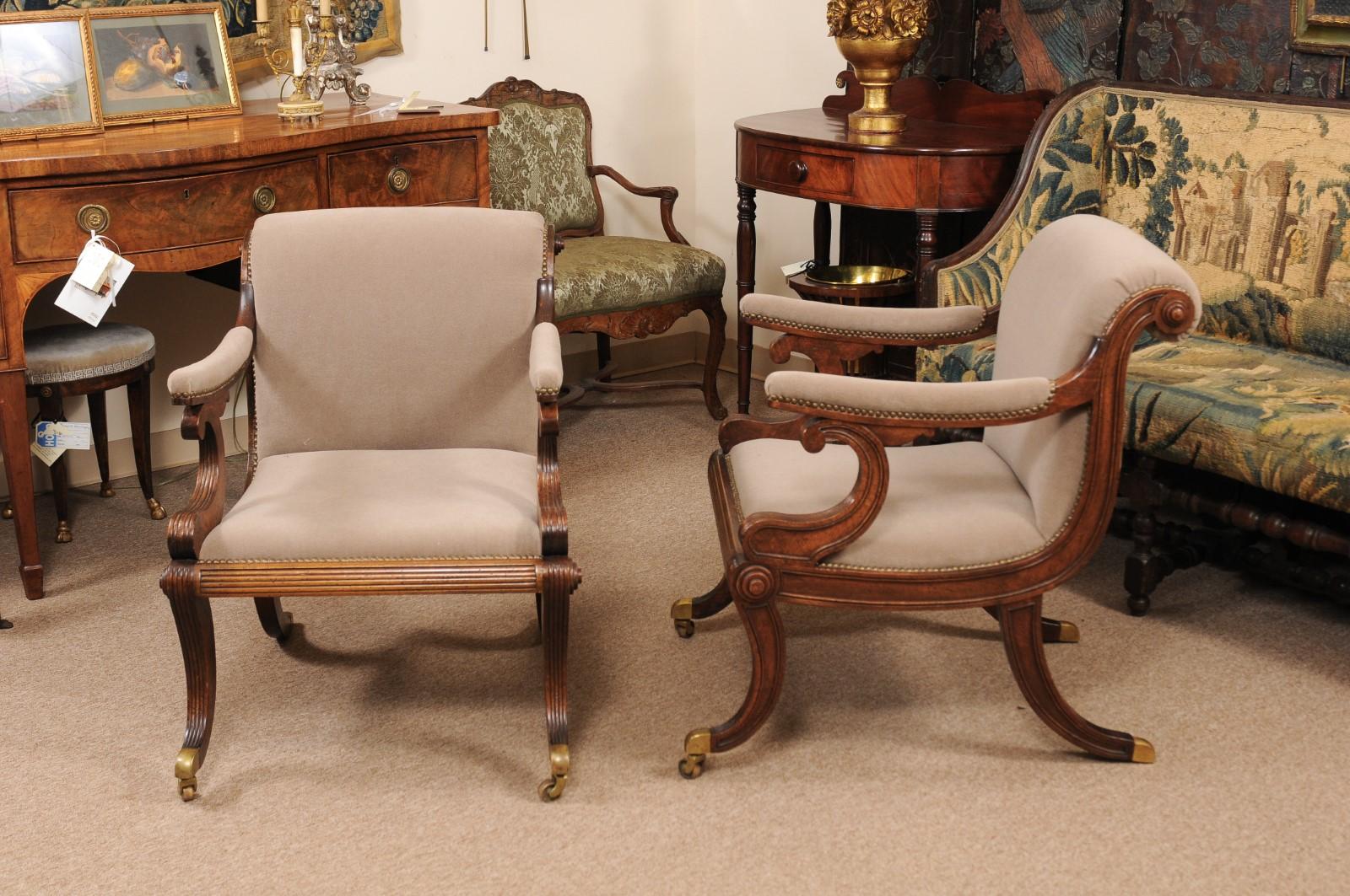 Pair of Regency Style Mahogany Scroll Back Upholstered Armchairs 3