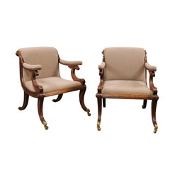 Pair of Regency Style Mahogany Scroll Back Upholstered Armchairs