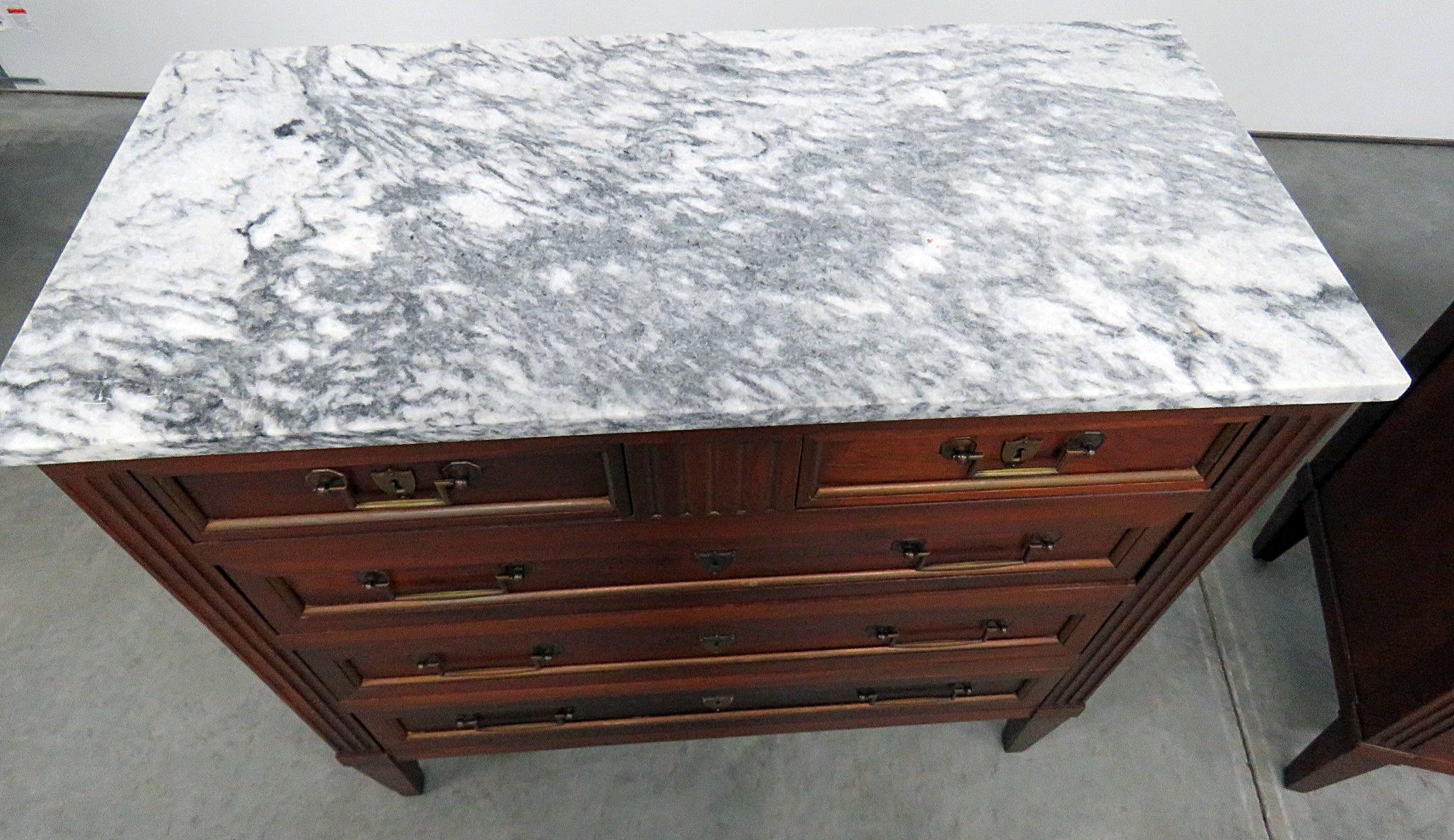 Regency Pair of Jansen Style Marble-Top Commodes