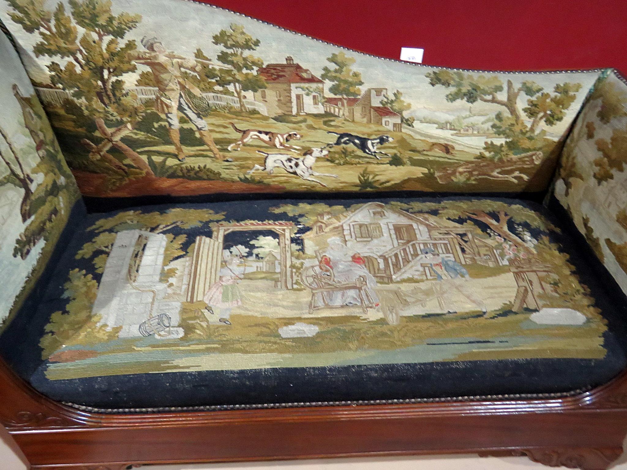 Pair English Regency Scenic Needlepoint Recamiers Daybeds Chaises C1850 In Good Condition In Swedesboro, NJ