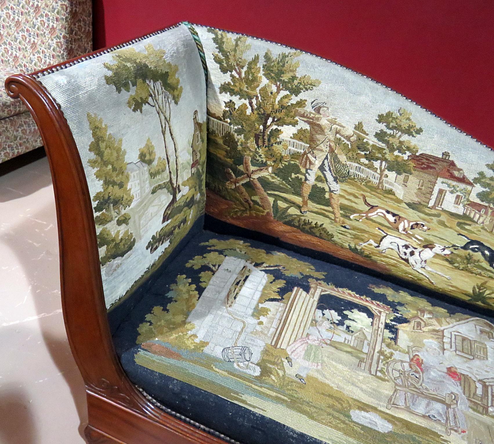 20th Century Pair English Regency Scenic Needlepoint Recamiers Daybeds Chaises C1850