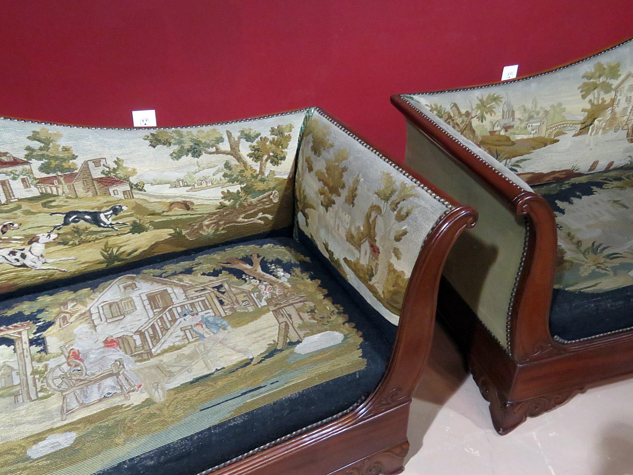 Upholstery Pair English Regency Scenic Needlepoint Recamiers Daybeds Chaises C1850