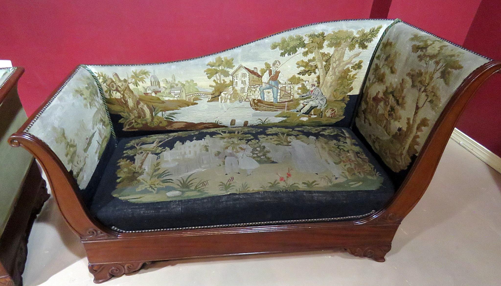 Pair English Regency Scenic Needlepoint Recamiers Daybeds Chaises C1850 1