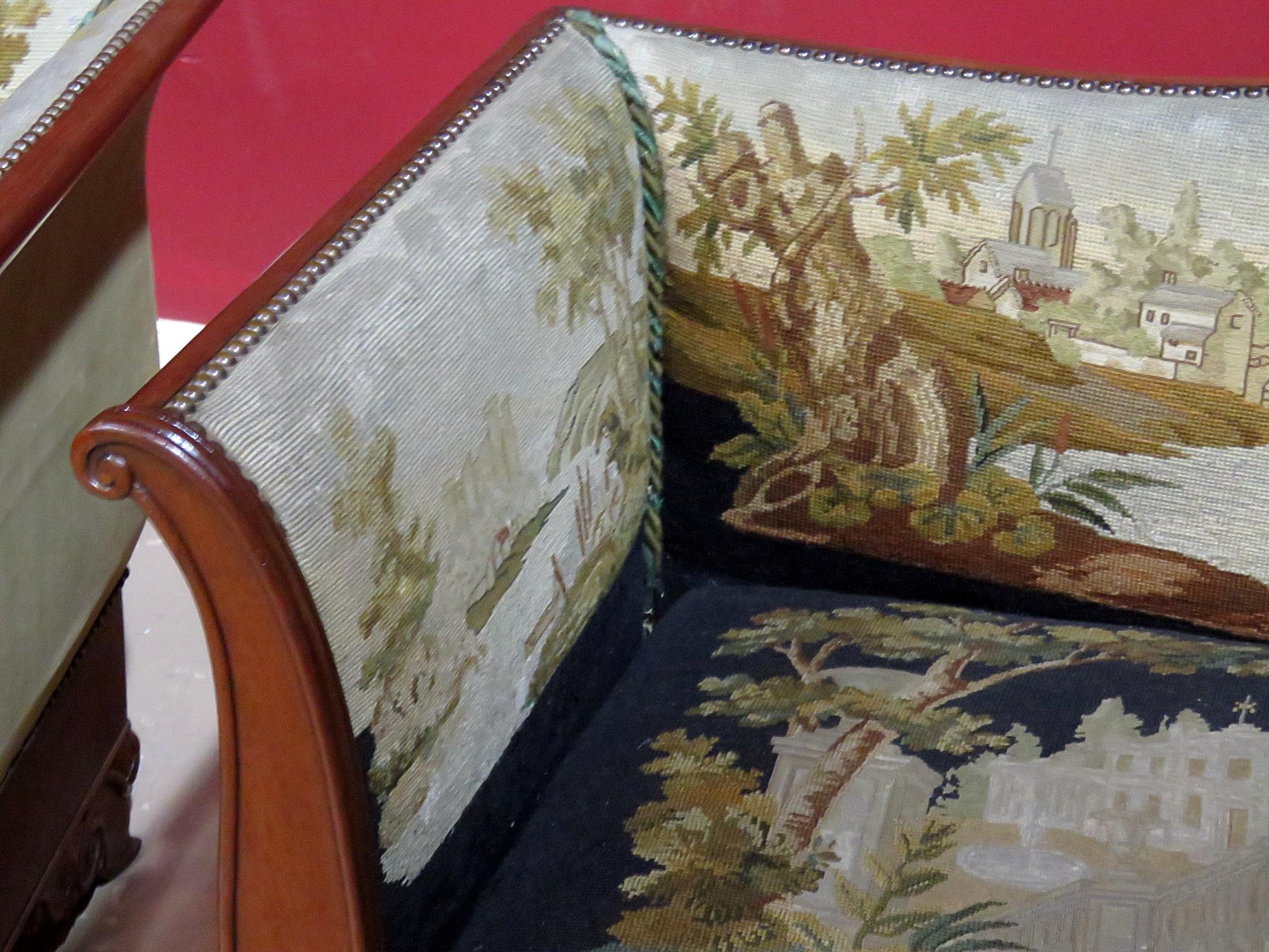 Pair English Regency Scenic Needlepoint Recamiers Daybeds Chaises C1850 3