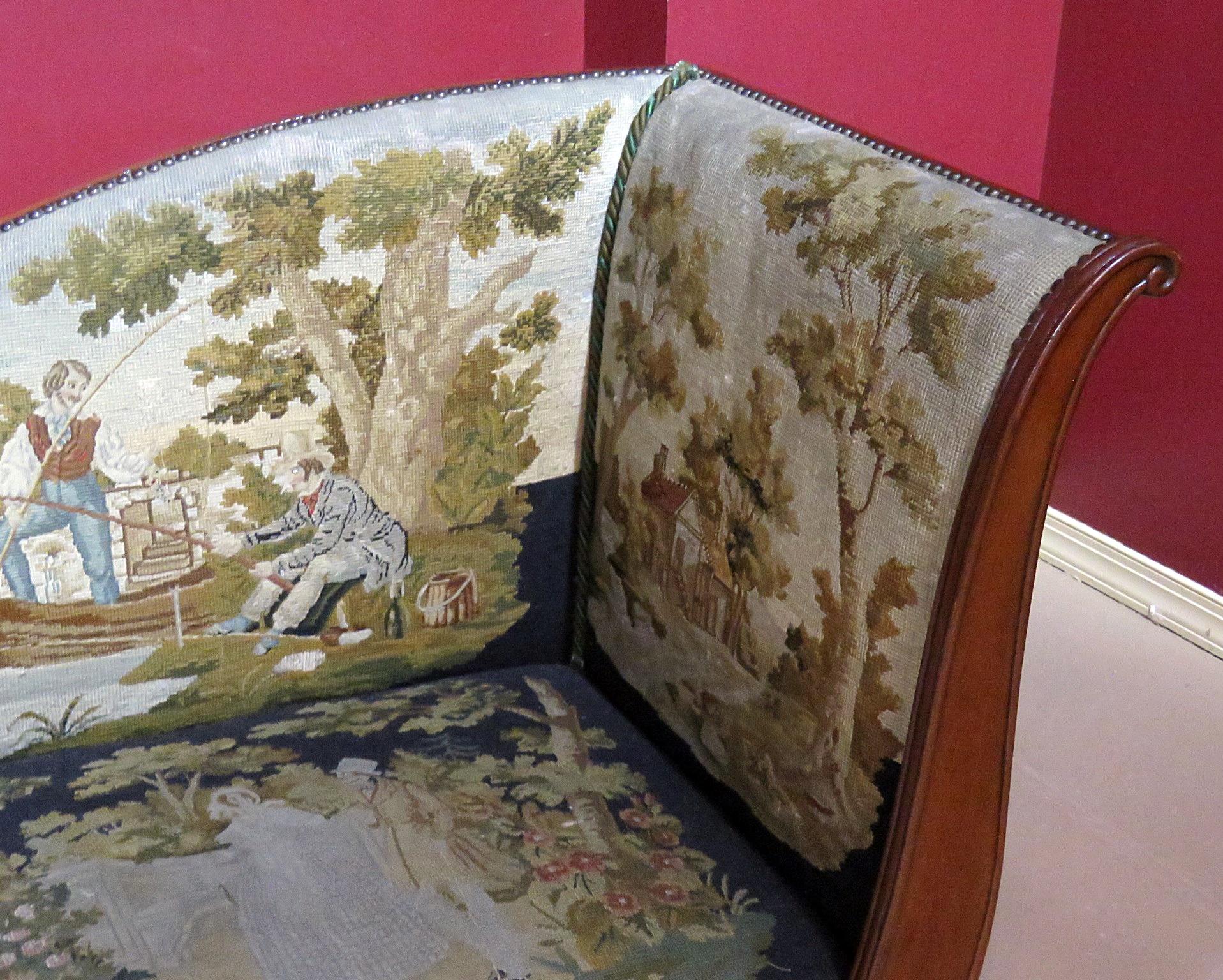 Pair English Regency Scenic Needlepoint Recamiers Daybeds Chaises C1850 4