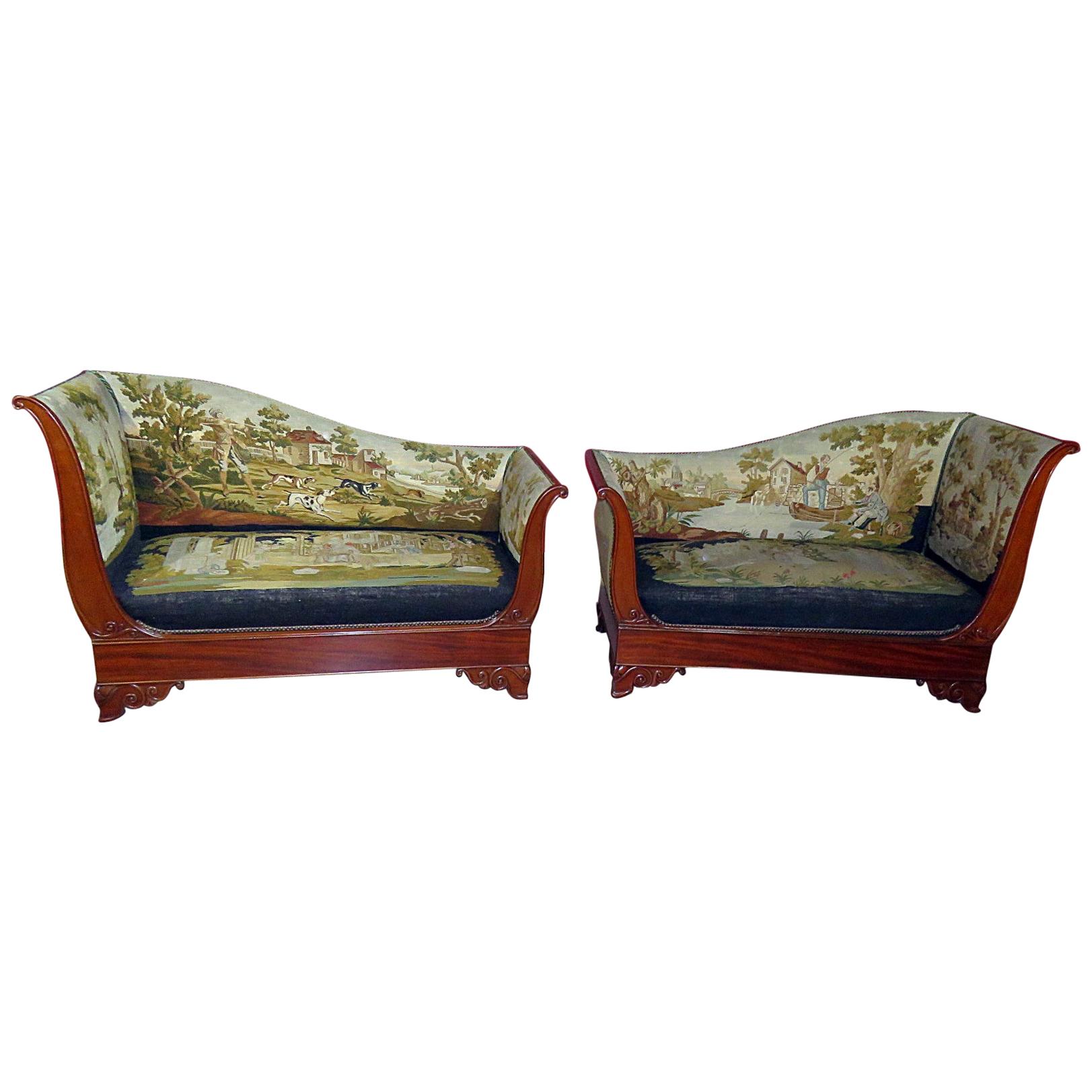 Pair English Regency Scenic Needlepoint Recamiers Daybeds Chaises C1850