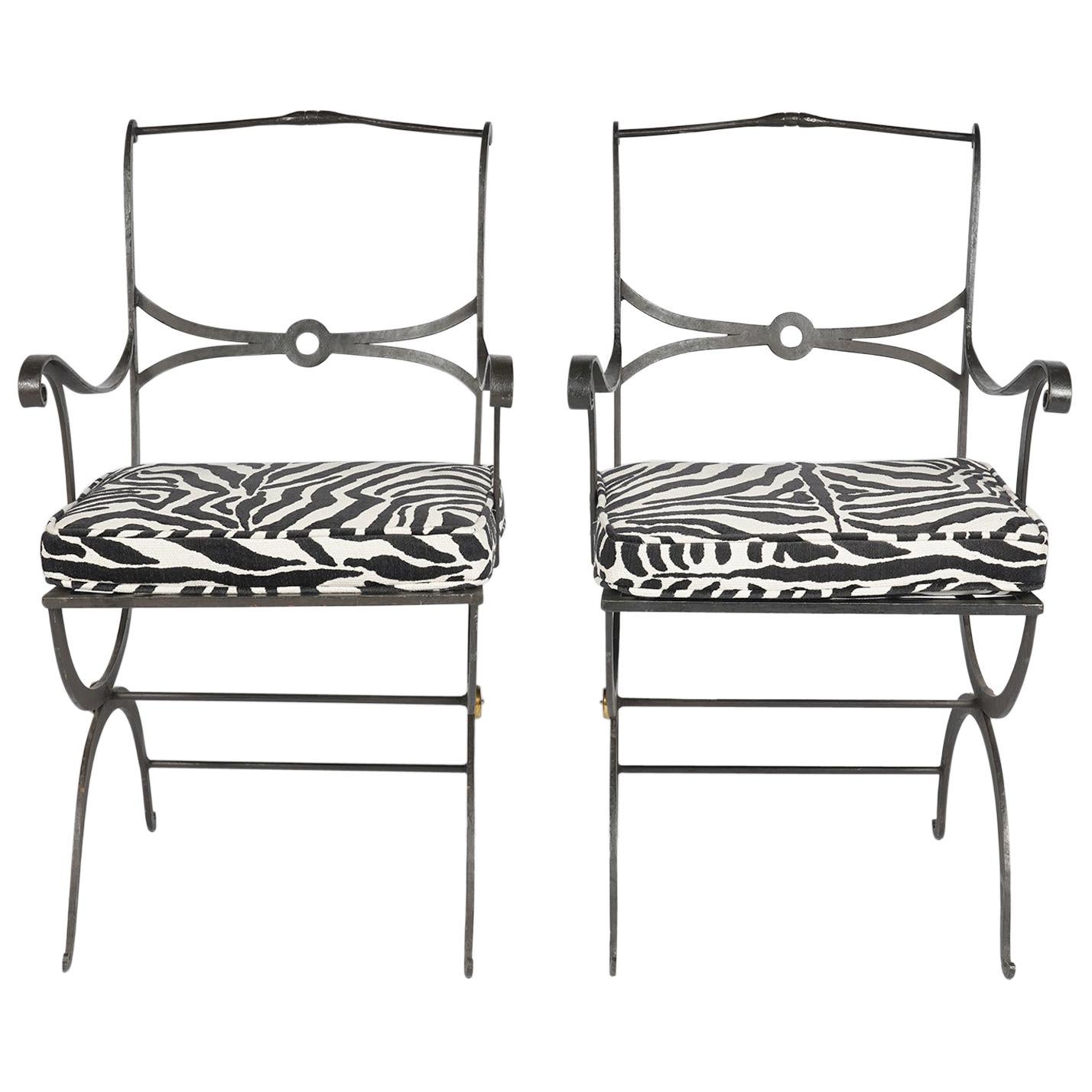 Pair of Regency Style Painted Iron Armchairs and Zebra Pattern Cushions, 20th C