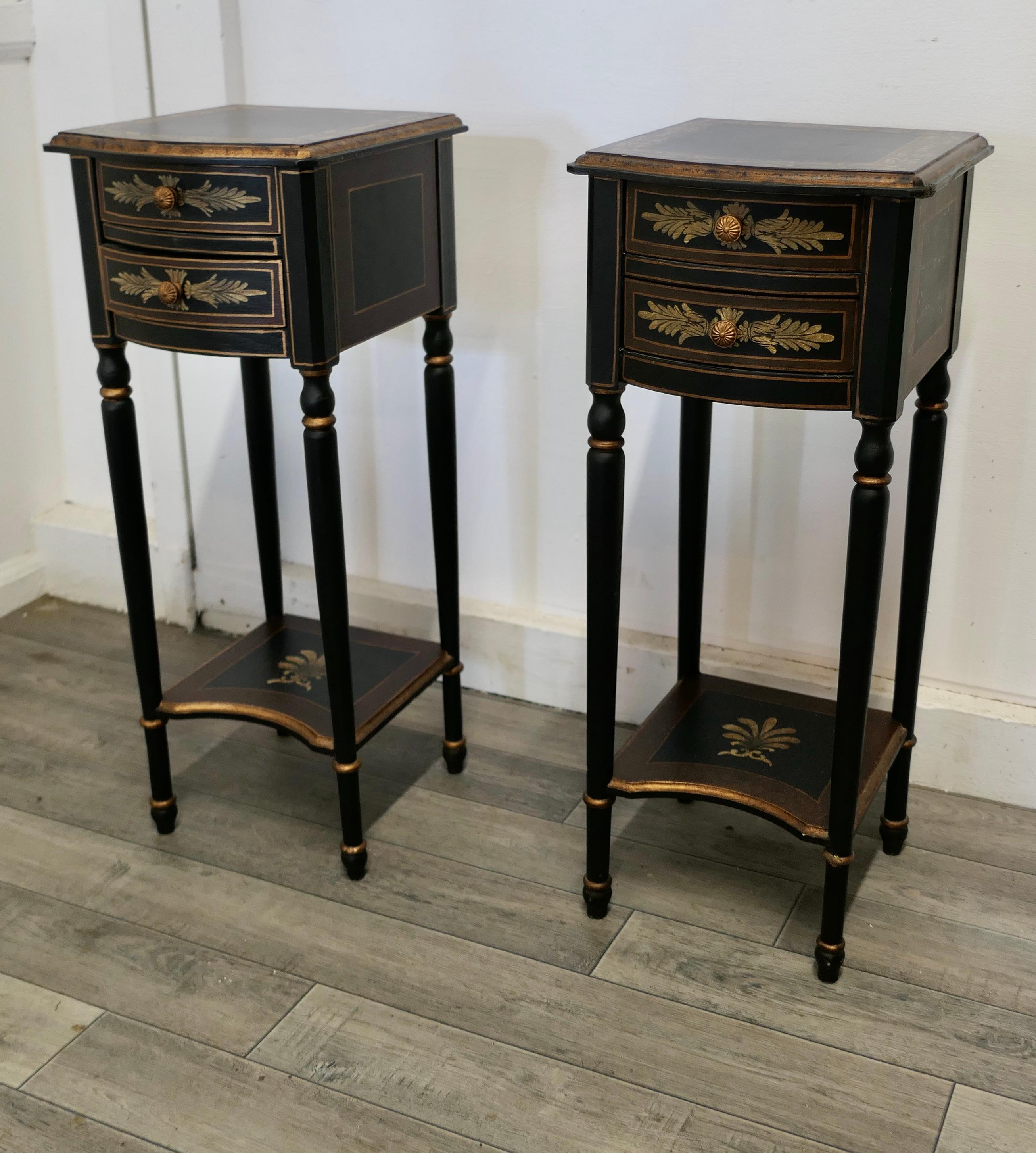 Pair of Regency Style painted side tables or night tables.

These lovely little tables stand on turned legs with and undertier at the bottom and 2 small drawers above, they are painted Black, Green and Gilt in the Regency style 

The tables are
