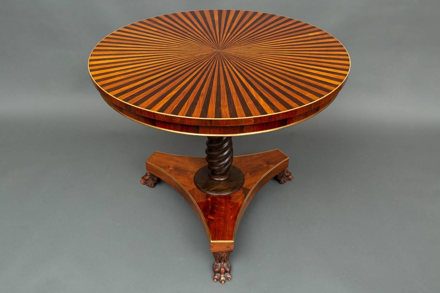 Pair of Regency-style mahogany and fruitwood parquetry small centre tables
stamped 