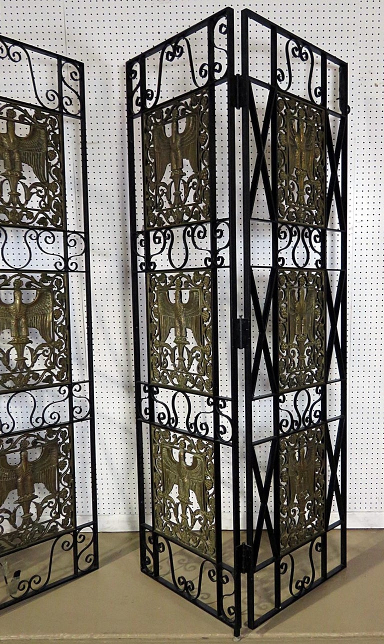 Pair of High Art Deco Wrought Iron and Bronze Stork Room Divider Panels
