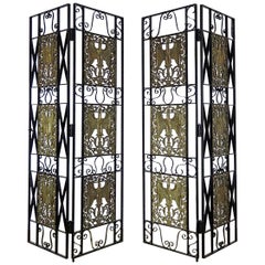 Vintage Pair of High Art Deco Wrought Iron and Bronze Stork Room Divider Panels C1920