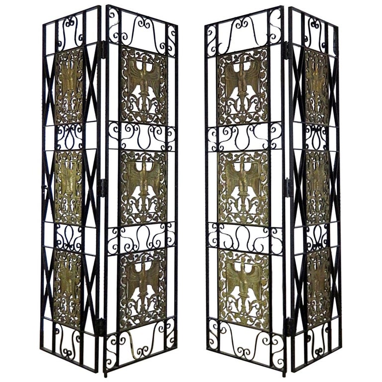 Pair of High Art Deco Wrought Iron and Bronze Stork Room Divider Panels