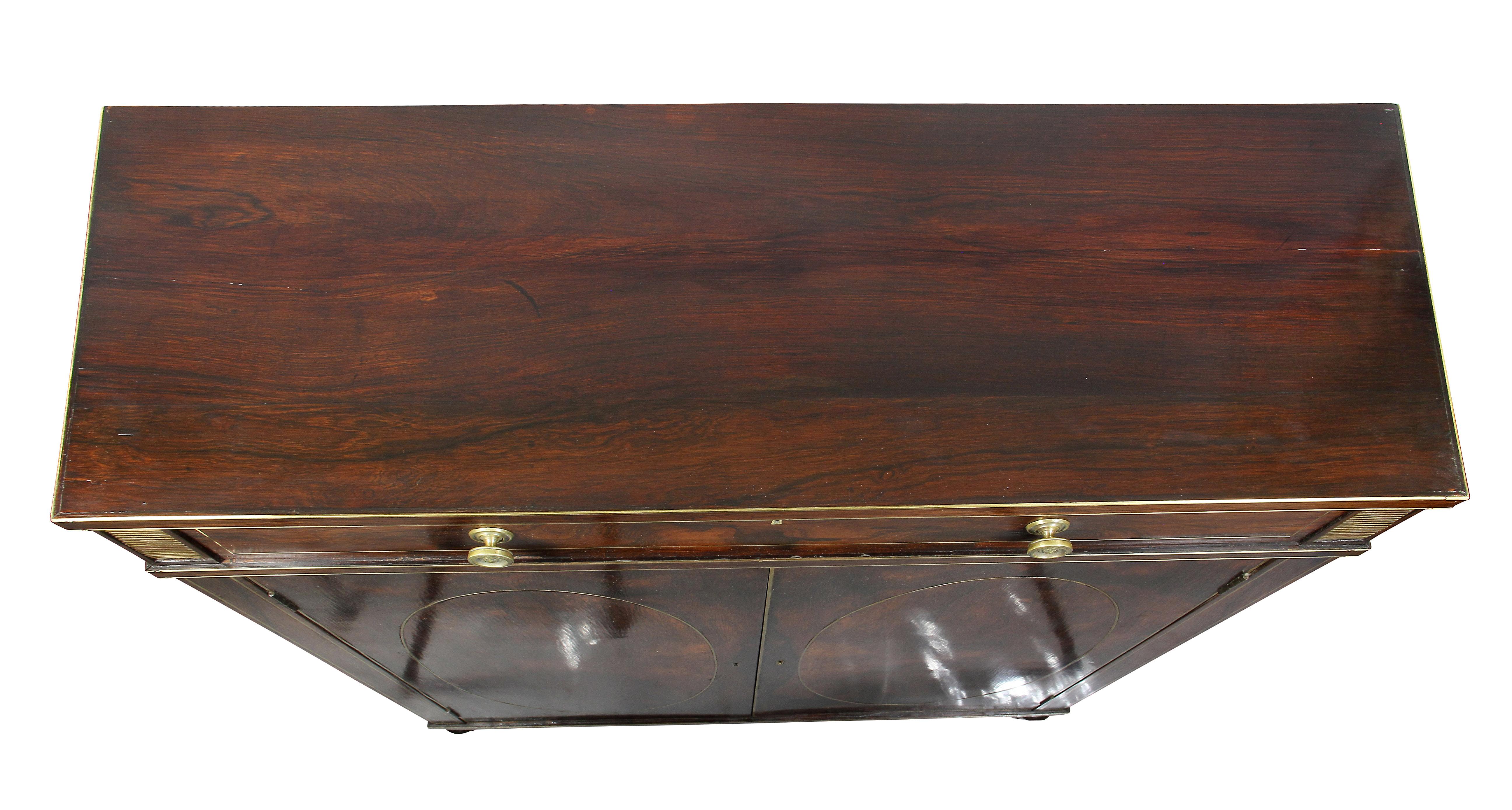 English Pair of Regency Style Rosewood and Brass Inlaid Side Cabinets