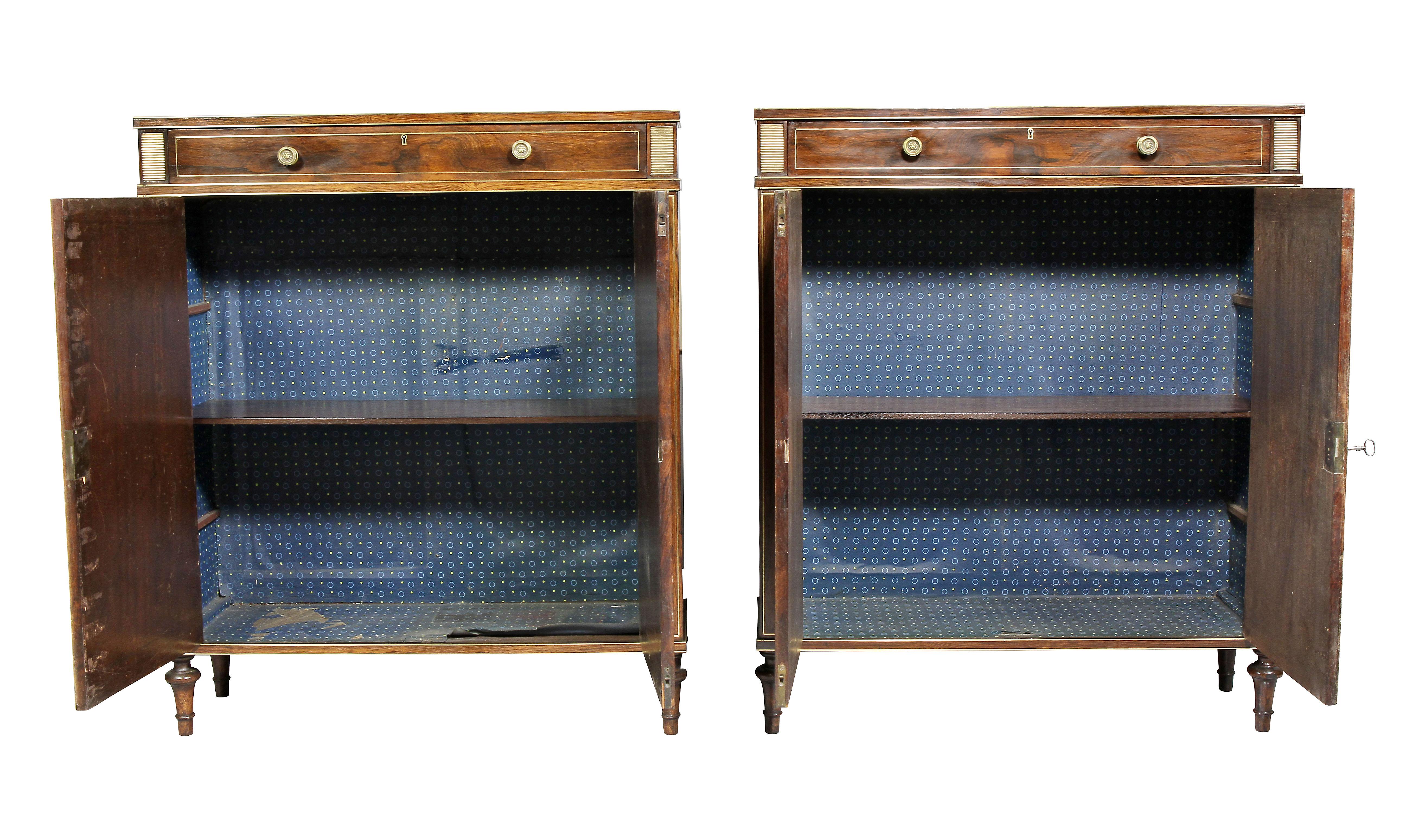 Pair of Regency Style Rosewood and Brass Inlaid Side Cabinets In Good Condition In Essex, MA