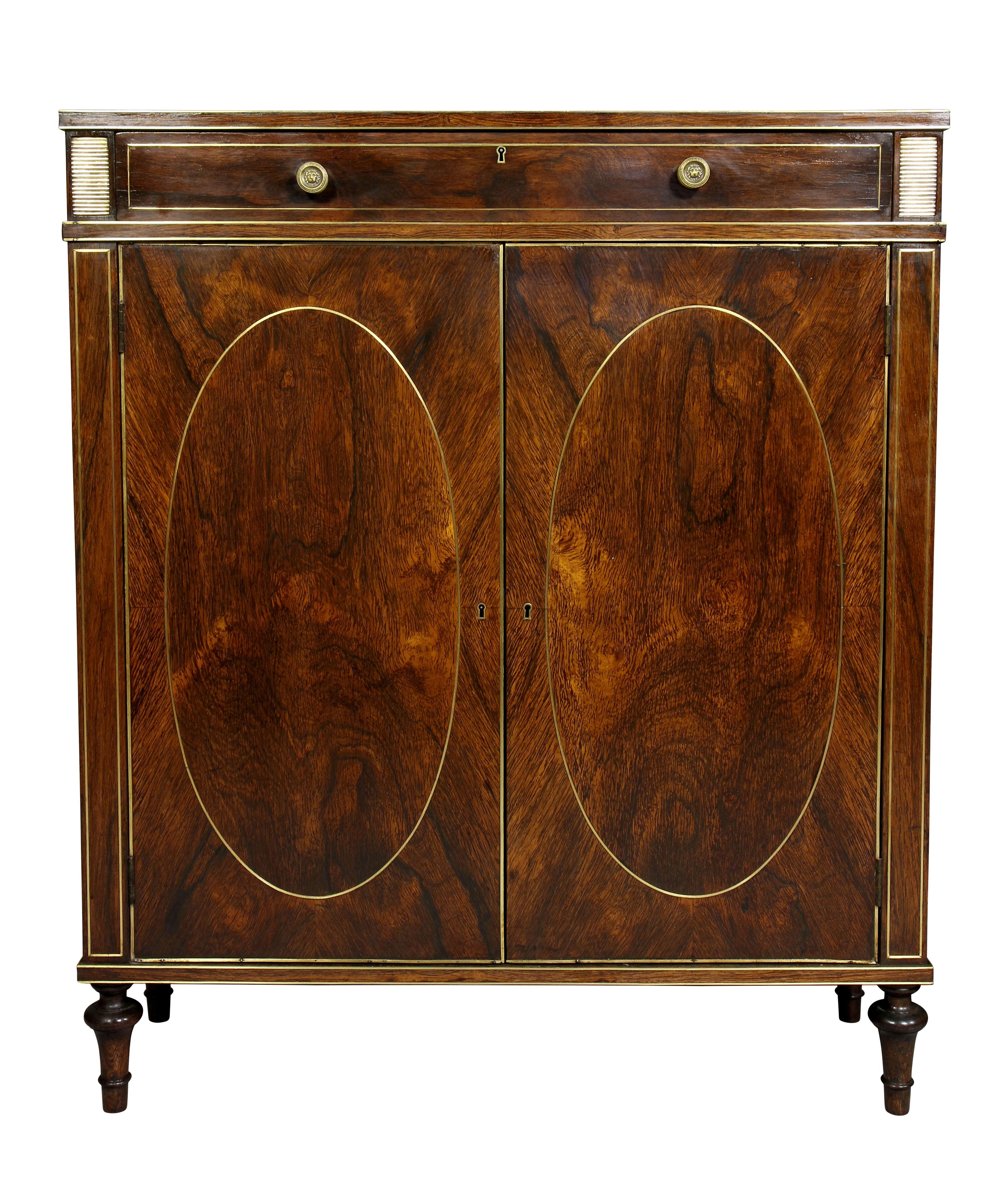 19th Century Pair of Regency Style Rosewood and Brass Inlaid Side Cabinets