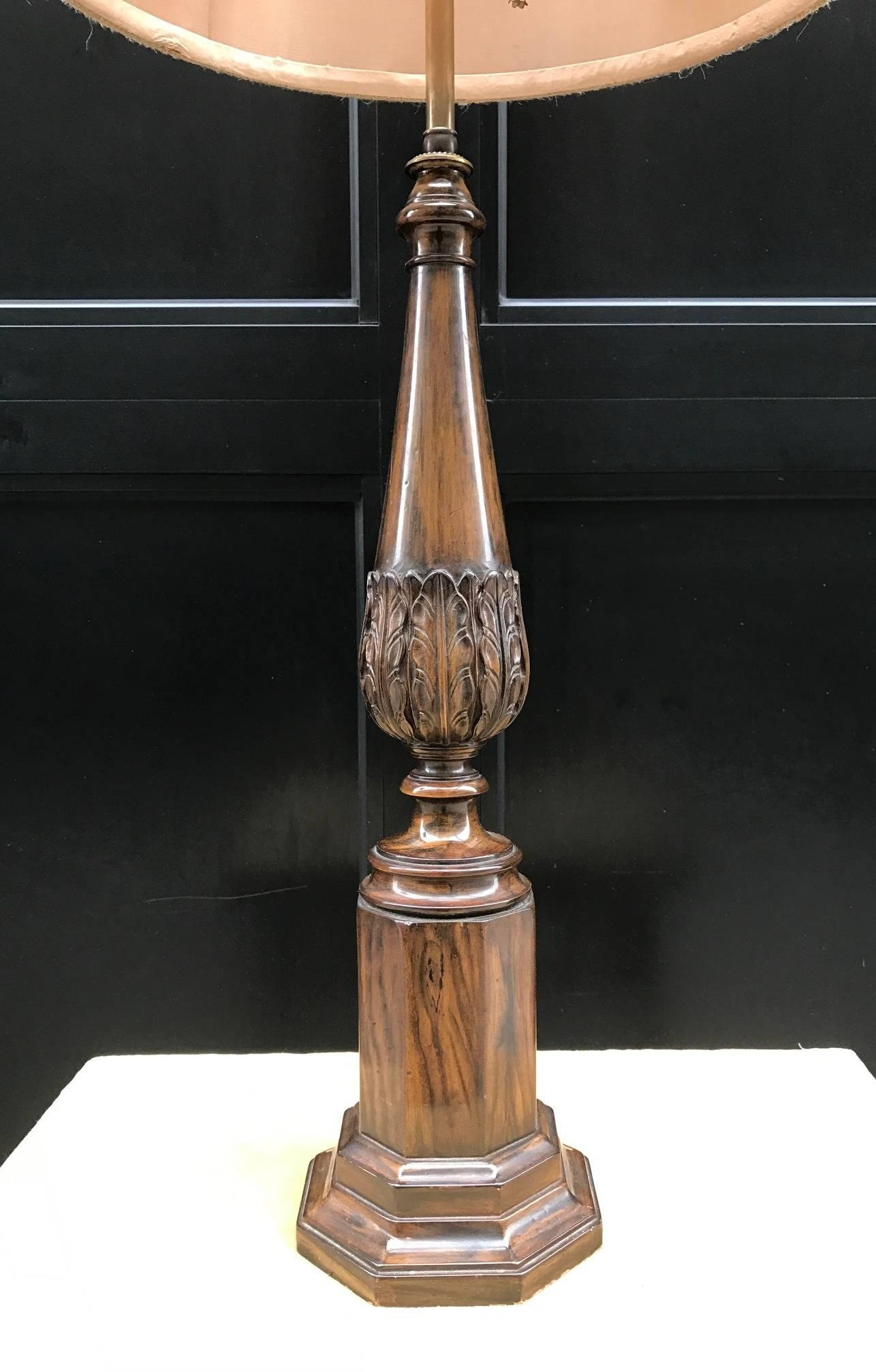 Pair of Regency style faux rosewood finish lamps.
Measures: 35.25 H (top of finial). 
Base: 5.5 diameter
Shades not included.