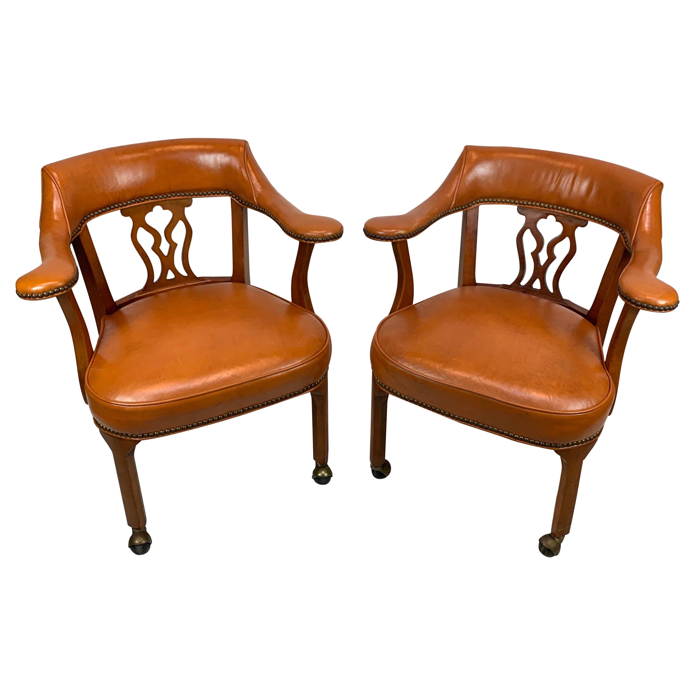 Pair of Regency Style Saddle Leather Captains Chairs at 1stDibs