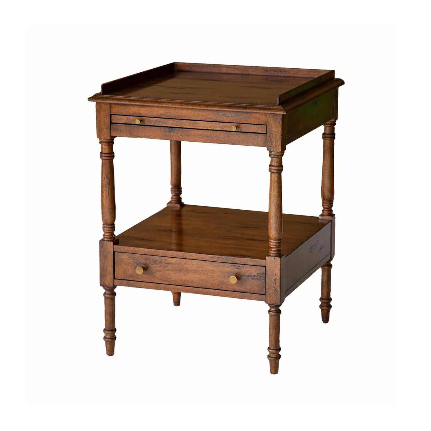 Regency style side table with a wooden gallery top, molded edge, with a pull-out slide about a lower shelf with drawer and turned legs all in a warm country wood tone and hand rubbed finish.

Dimensions: 20